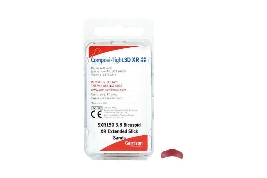 Garrison SXR150 Slick Bands XR Bicuspid Matrices with Extension Red 3.8 mm 60/Pk Garrison SXR150 Slick Bands XR Bicuspid Matrices with Extension Red 3.8 mm 60/Pk